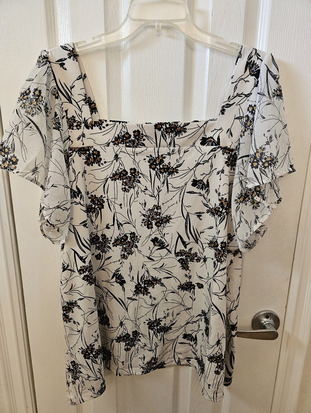 Always Indigo 2x Square Neck Blouse Sheer Sleeves-Cream w/ Black & Brown Flowers